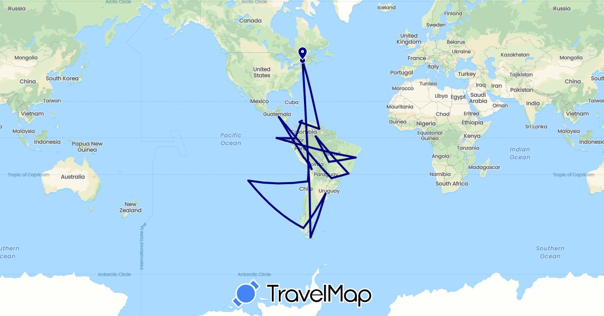 TravelMap itinerary: driving in Argentina, Bolivia, Brazil, Canada, Chile, Colombia, Ecuador, Peru, El Salvador, Venezuela (North America, South America)